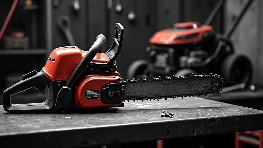 Lawn mower and chainsaw on the workbench