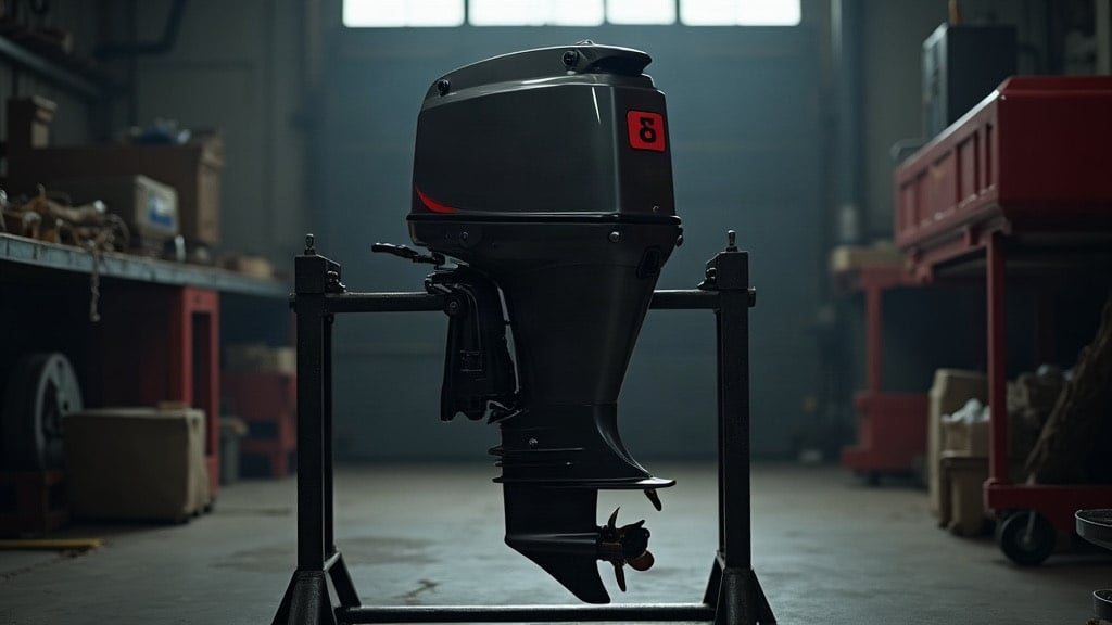 Outboard motor on a service stand in the shop